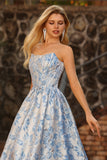 Light Blue A-Line Off The Shoulder Jacquard Brocade Convertible Long Ball Dress