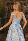 Light Blue A-Line Off The Shoulder Jacquard Brocade Convertible Long Ball Dress