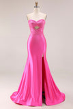Hot Pink Beaded Mermaid Cut Out Ruched Strapless Long Ball Dress with Slit