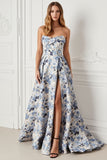 Blue Flower Printed Strapless A Line Long Ball Dress with Slit