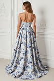 Blue Flower Printed Strapless A Line Long Ball Dress with Slit