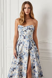 Blue Flower Printed Strapless A Line Long Ball Dress with Slit