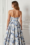 Blue Flower Printed Strapless A Line Long Ball Dress with Slit