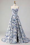 Blue Flower Printed Strapless A Line Long Ball Dress with Slit