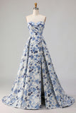 Blue Flower Printed Strapless A Line Long Ball Dress with Slit