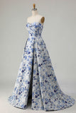 Blue Flower Printed Strapless A Line Long Ball Dress with Slit
