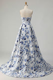 Blue Flower Printed Strapless A Line Long Ball Dress with Slit