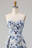 Blue Flower Printed Strapless A Line Long Ball Dress with Slit