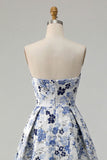 Blue Flower Printed Strapless A Line Long Ball Dress with Slit