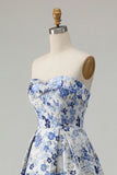 Blue Flower Printed Strapless A Line Long Ball Dress with Slit