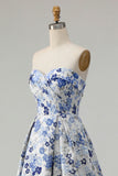 Blue Flower Printed Strapless A Line Long Ball Dress with Slit