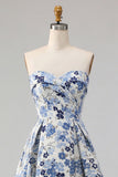 Blue Flower Printed Strapless A Line Long Ball Dress with Slit