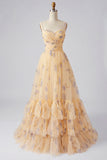 Yellow Floral A Line Pleated Printed Long Ball Dress with Ruffles