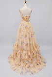 Yellow Floral A Line Pleated Printed Long Ball Dress with Ruffles