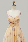 Yellow Floral A Line Pleated Printed Long Ball Dress with Ruffles