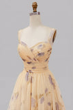 Yellow Floral A Line Pleated Printed Long Ball Dress with Ruffles