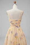 Yellow Floral A Line Pleated Printed Long Ball Dress with Ruffles