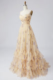 Yellow Floral A Line Pleated Printed Long Ball Dress with Ruffles