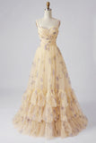 Yellow Floral A Line Pleated Printed Long Ball Dress with Ruffles