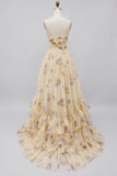 Yellow Floral A Line Pleated Printed Long Ball Dress with Ruffles