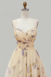 Yellow Floral A Line Pleated Printed Long Ball Dress with Ruffles