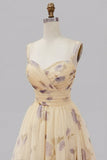 Yellow Floral A Line Pleated Printed Long Ball Dress with Ruffles