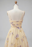 Yellow Floral A Line Pleated Printed Long Ball Dress with Ruffles