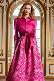 Fuchsia A Line Satin Floral Long Mother of the Bride Dress with Sleeves