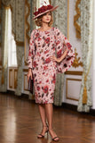 Dusty Rose Floral Sheath Printed Mother of the Bride Dress with Cape Sleeves