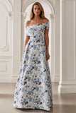 Blue Flower Off the Shoulder A-Line Long Mother of the Bride Dress
