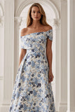 Blue Flower Off the Shoulder A-Line Long Mother of the Bride Dress