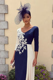 Navy A-Line V-Neck Midi Appliqued Mother of the Bride Dress
