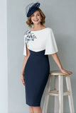 White Navy Short Bateau Neck Sheath Mother of the Bride Dress with Cape