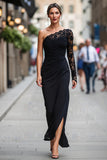 Black One Shoulder Sheath Ruched Midi Mother of the Bride Dress with Slit