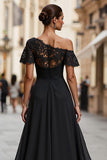 Black One Shoulder Ruched Long Mother of the Bride Dress with Lace