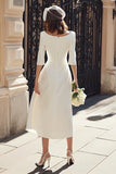 Ivory Mermaid Boat Neck Midi Engagement Dress with Sleeves