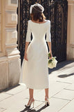 Ivory Sheath Satin Bateau Neck Long Engagement Dress with Sleeves