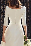 Ivory Sheath Satin Bateau Neck Long Engagement Dress with Sleeves
