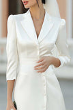 Ivory Peak Lapel A Line Midi Engagement Dress with Slit