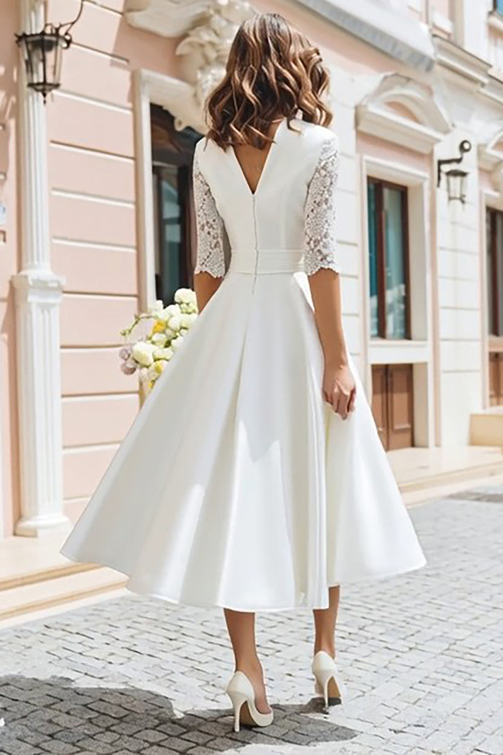 Zapaka Women Ivory A Line Tea Length Engagement Dress with Lace V-Neck Half Sleeves Wedding Reception Dress ZAPAKA NZ Zapaka Women Ivory A Line Tea Length Engagement Dress with Lace V-Neck Half Sleeves Wedding Reception Dress ZAPAKA NZ