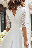 Ivory V-Neck A Line Tea Length Engagement Dress with Lace