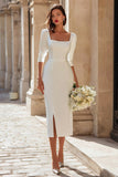 Ivory Bodycon Square Neck Engagement Dress with Slit