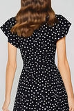 A-Line Round Neck Long Black White Dots Dress