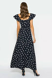 Black and White A Line Flutter Sleeves Long Polka Dots Dress