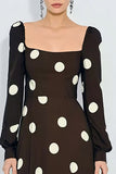 Brown and White A Line Square Neck Polka Dots Dress with Long Sleeves