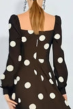 Brown and White A Line Square Neck Polka Dots Dress with Long Sleeves