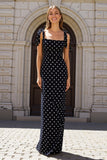 Sheath Black And White Square Neck Long Polka Dots Dress