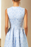 Blue A Line Long Jacquard Floral Dress with Pockets