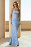 Blue Mermaid Spaghetti Straps Long Floral Dress