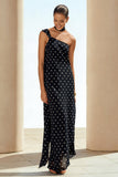 Black White Dots One Shoulder Sheath Long Convertible Dress with Streamer